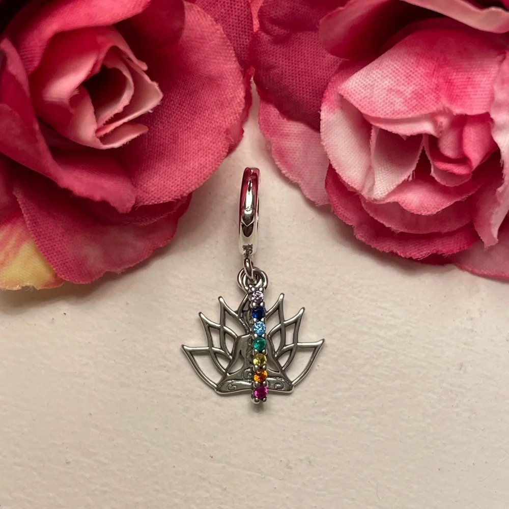 Bracelet Charm Chakra Colors and Lotus Flower Sterling Silver
